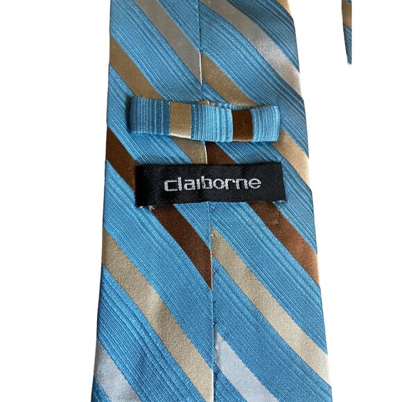Claiborne Mens Silk Neck Tie Blue Striped Brown Beige Preppy Dad Gift Corpcore - Picture 4 of 5